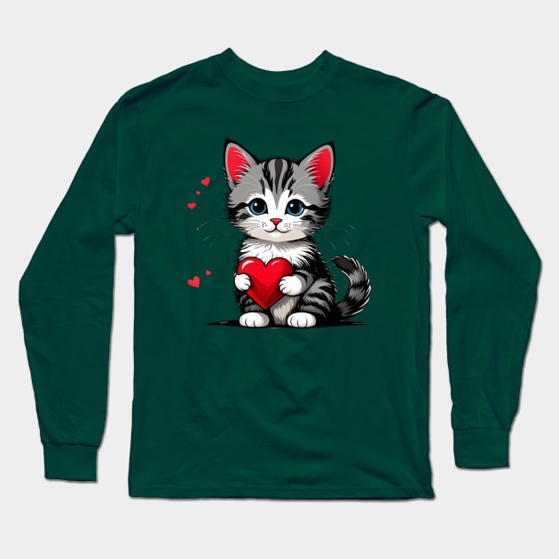 Cute cat with red heart  in valentine Long Sleeve T-Shirt by  El-Aal